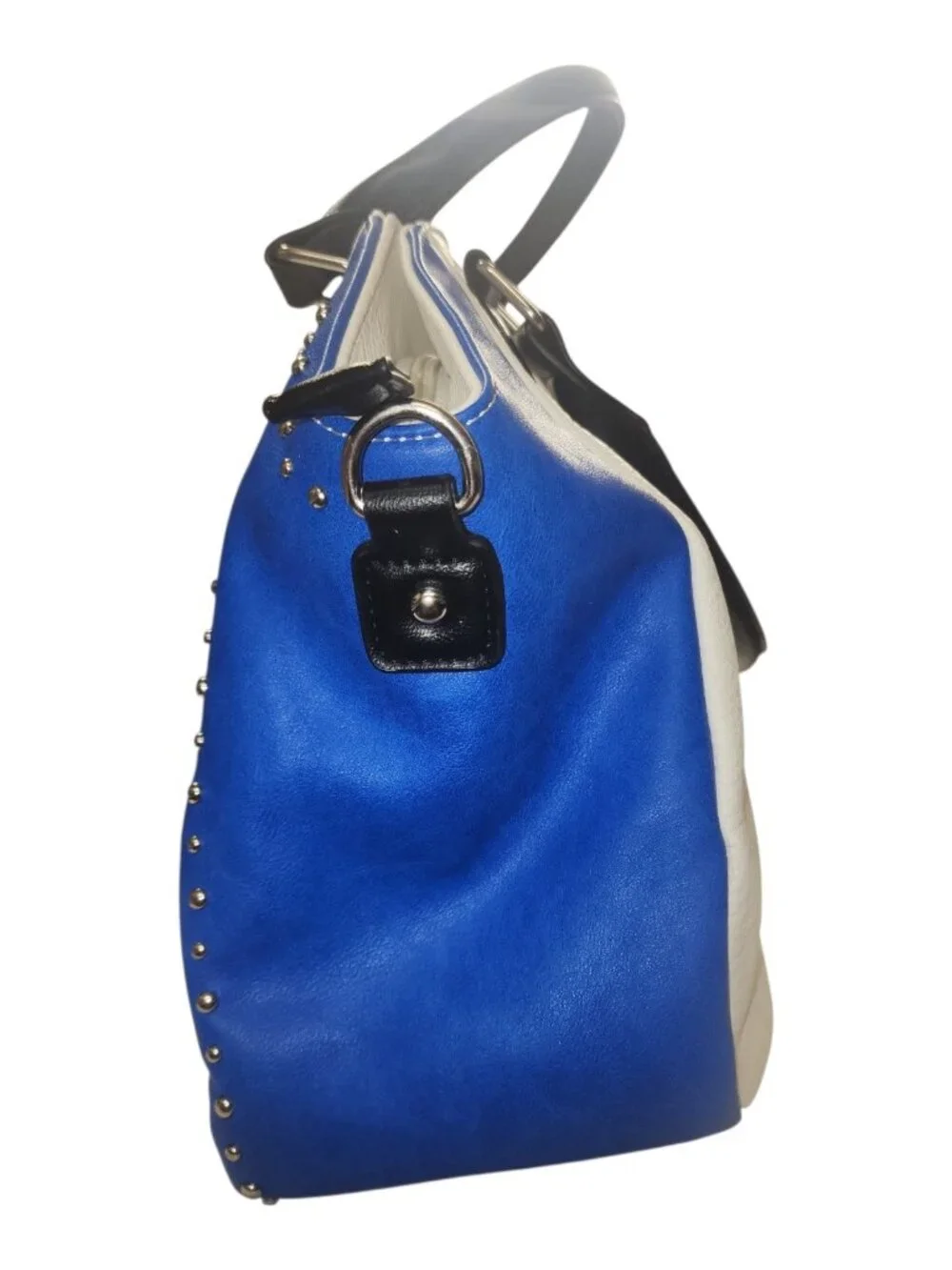 Studded Satchel Bag Color Block Cobalt Blue White Moto Rocker Chic Top Handle - Picture 4 of 16